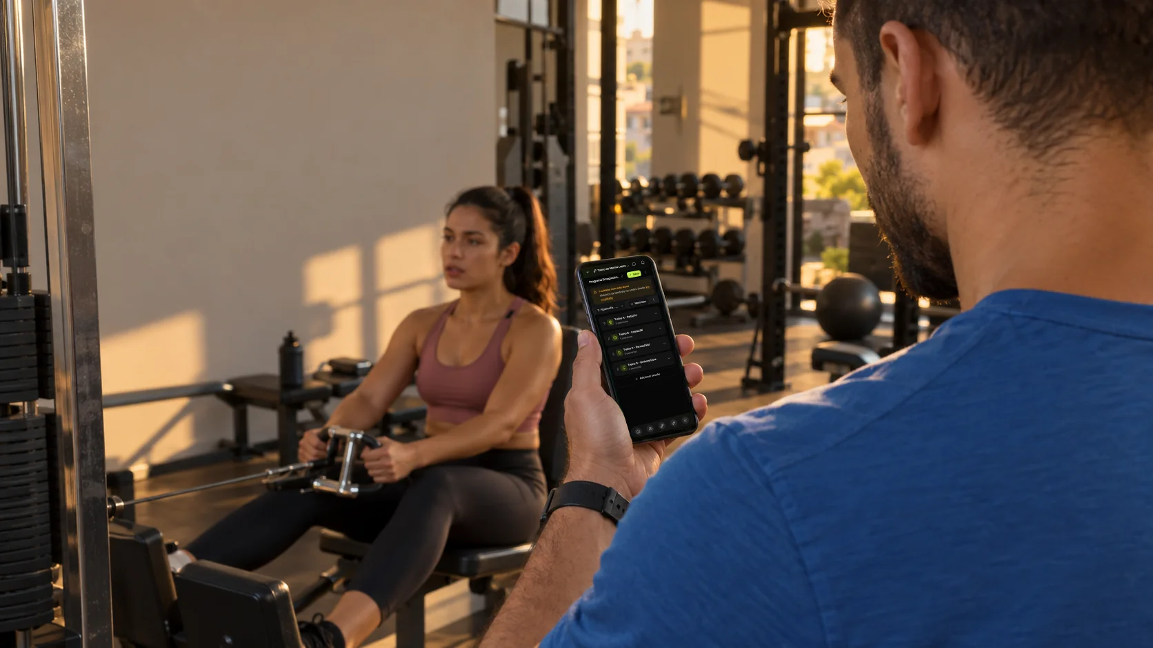 Por cima do ombro, o personal trainer confere no app da Welltrainer a divisão de treino da aluna, que descansa na remada entre as séries