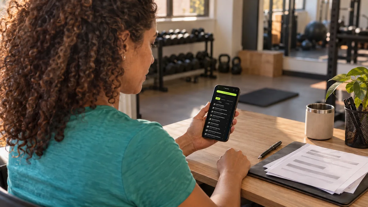 Personal trainer consulta no celular o banco de exercícios da Welltrainer, com as fichas impressas deixadas de lado na mesa