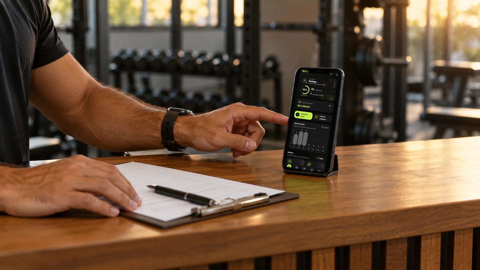 Na recepção da academia, o personal trainer toca no celular apoiado no suporte, aberto no painel da Welltrainer com engajamento e alunos ativos