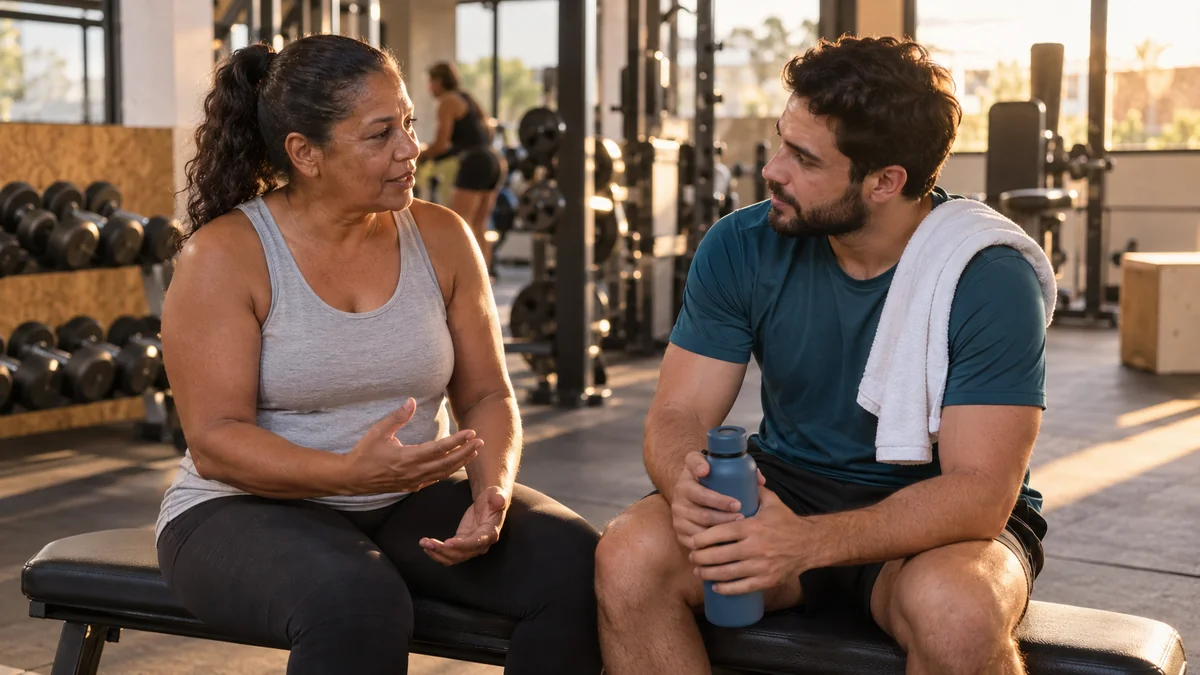 No fim do treino, a personal trainer conversa com o aluno sentado ao lado no banco, que ouve com a garrafa de água na mão