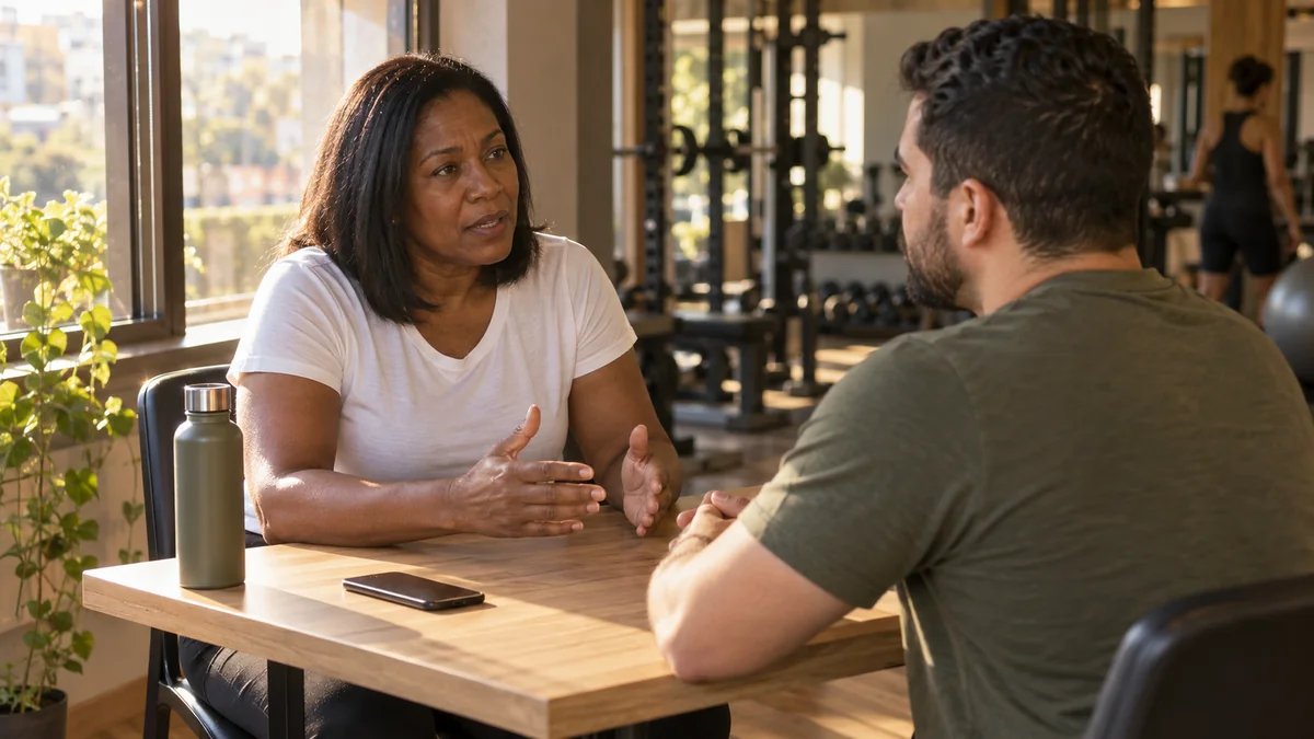 Personal trainer conversa com o aluno numa mesa do estúdio, com calma e firmeza, sobre os pagamentos atrasados