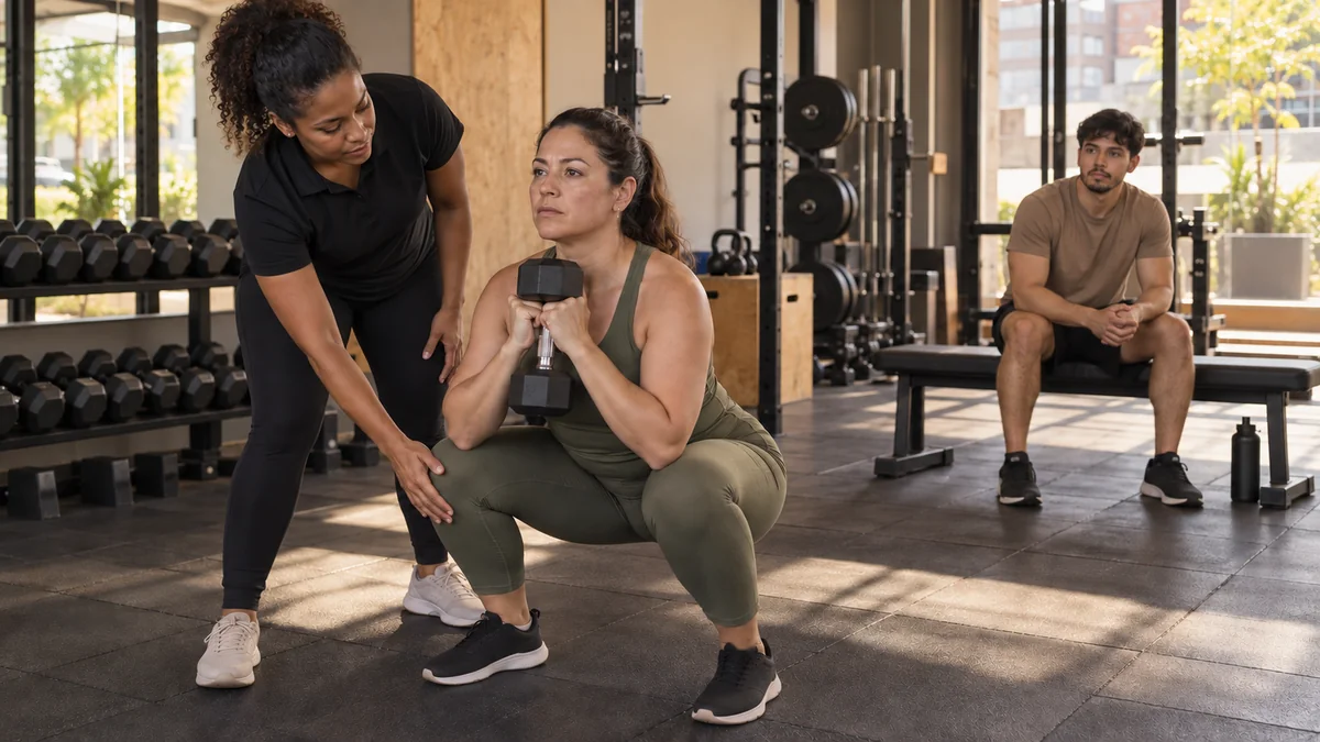 Personal trainer corrigindo o joelho de uma aluna no agachamento com halter enquanto outro aluno espera sentado ao fundo