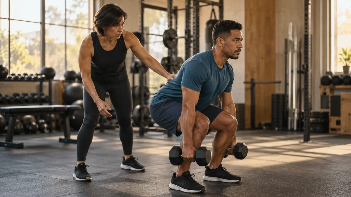 Personal trainer apoia a mão nas costas do aluno e corrige a postura durante o agachamento com halteres