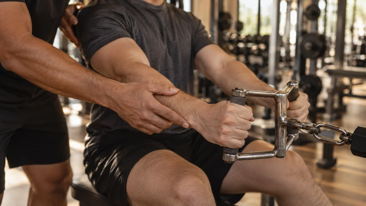 Personal trainer corrigindo a posicao do punho e das escapulas de um aluno iniciante na remada baixa
