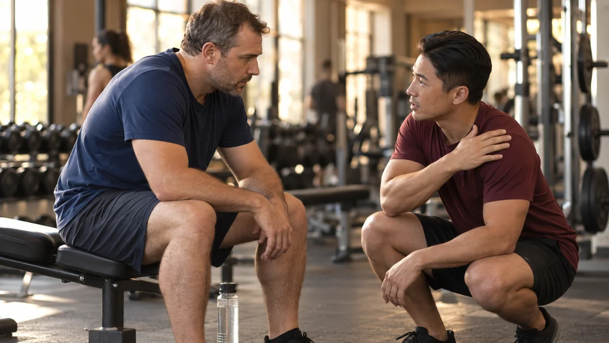 Personal trainer agachado ao lado do aluno sentado no banco, conversando sobre a execução no intervalo entre as séries