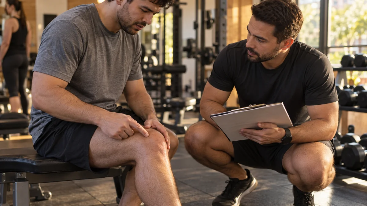 Aluno sentado no banco apontando para o joelho enquanto o personal trainer, agachado com a prancheta, escuta o historico
