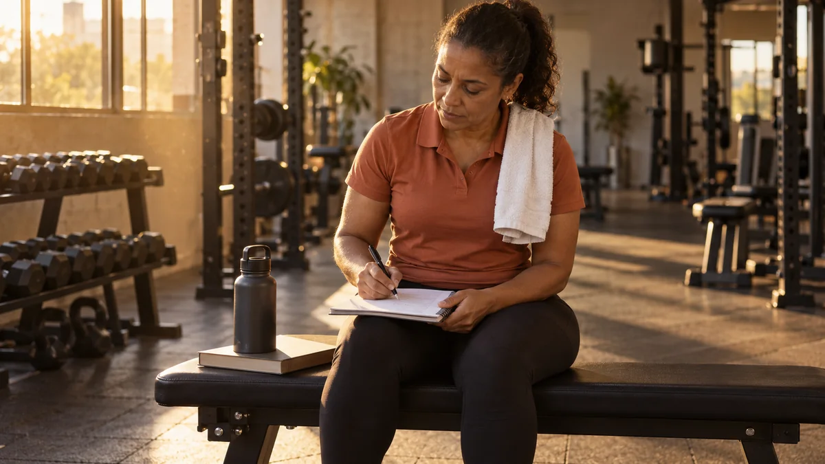 Personal trainer, com a toalha ainda no ombro, estuda e faz anotações sentada no banco da academia vazia no fim do dia