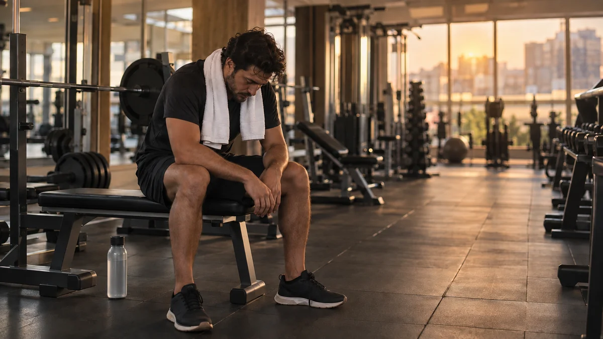 Personal trainer cansado, sentado sozinho no banco de uma academia vazia no fim do dia, com toalha no pescoco