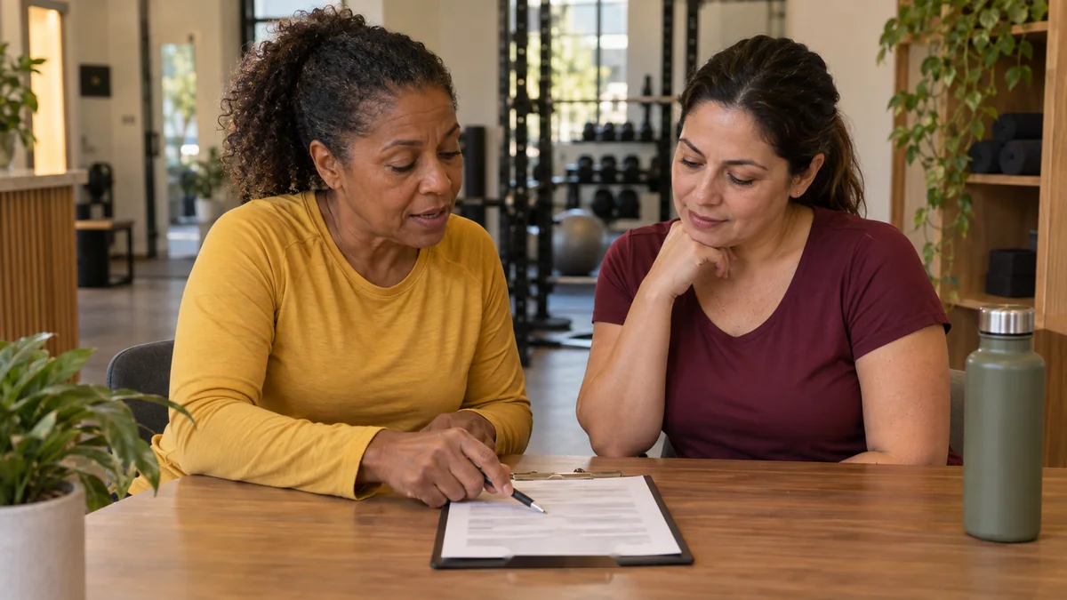 Personal trainer explica um trecho do contrato para a aluna, sentadas lado a lado na recepção do estúdio