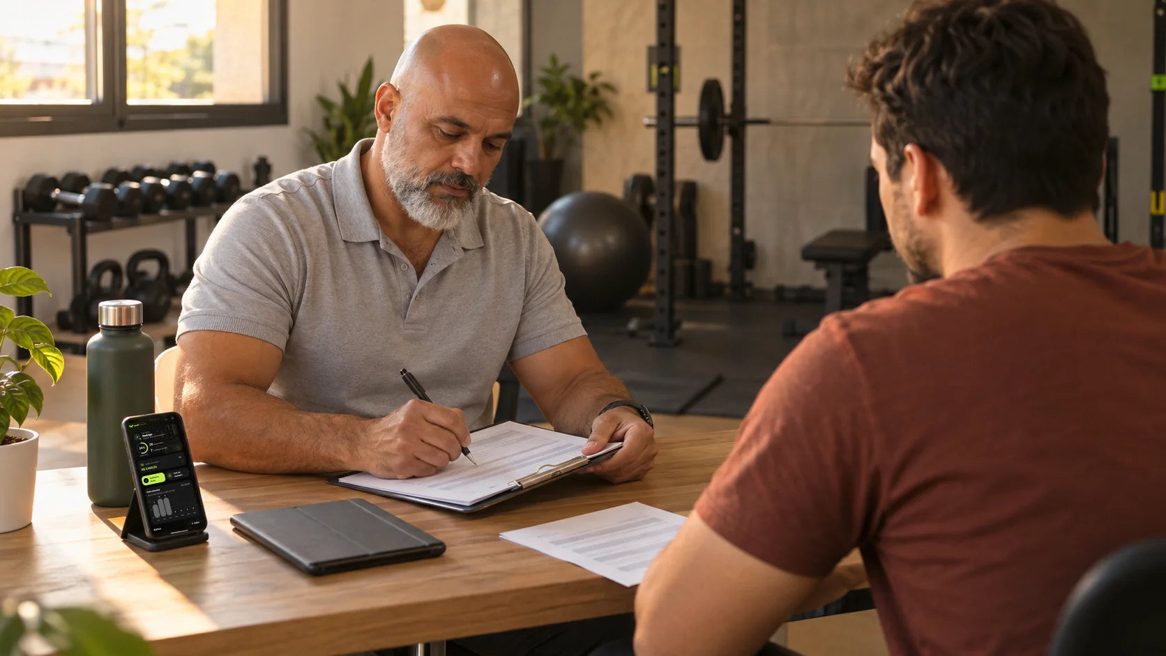 Personal trainer preenche a ficha de cadastro de um aluno novo à mesa do estúdio, com o celular aberto no painel da Welltrainer com o botão de cadastrar aluno