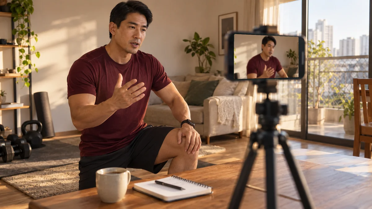 Personal trainer grava em casa uma orientação curta para os alunos, com o celular num tripé em primeiro plano mostrando a gravação