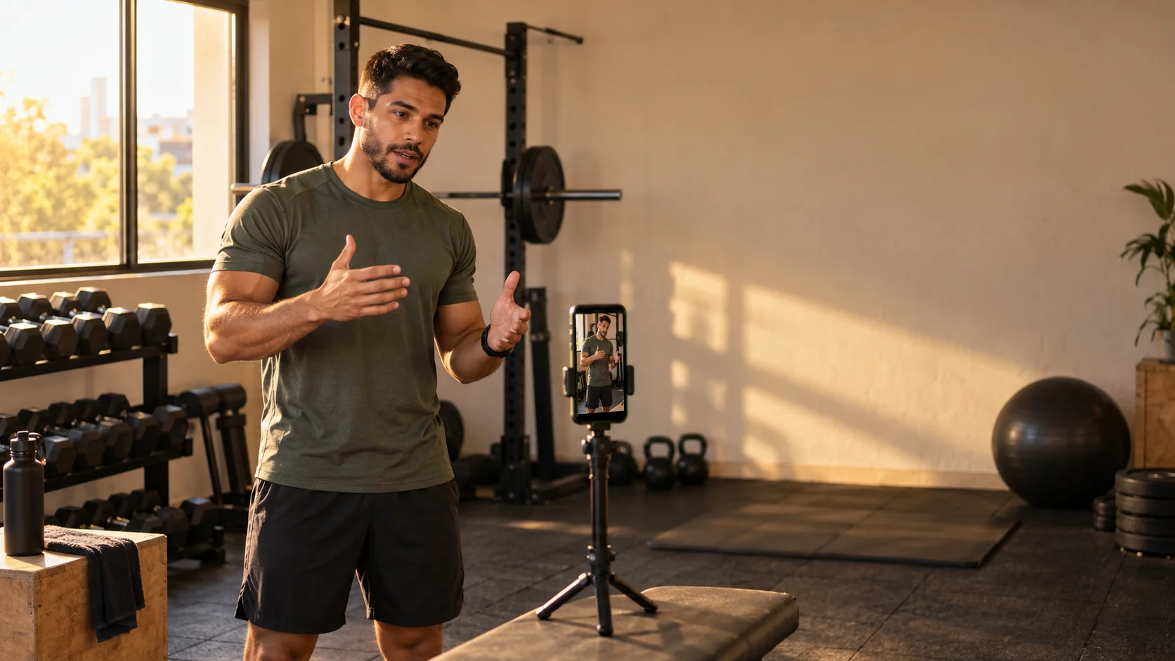 Personal trainer grava um vídeo explicativo para as redes sociais com o celular preso num tripé dentro da academia