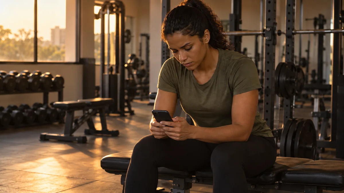 Personal trainer sentada sozinha na academia vazia, olhando o celular com expressao de hesitacao antes de cobrar um aluno