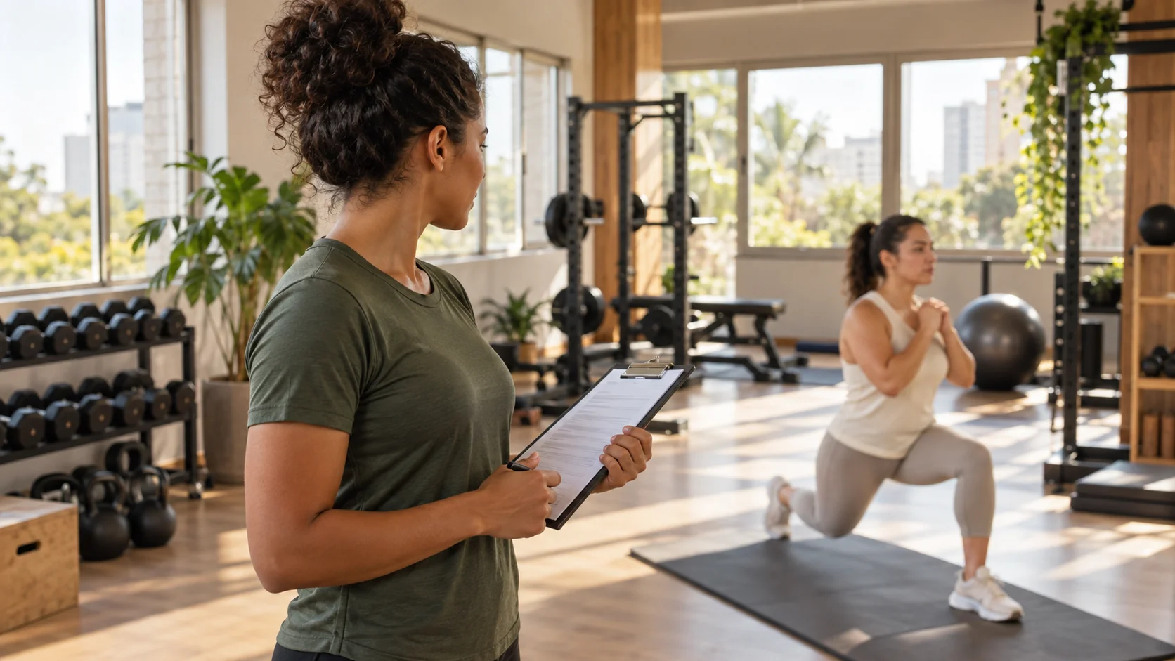 Personal trainer em inicio de carreira segurando a prancheta enquanto observa a aluna fazer o aquecimento