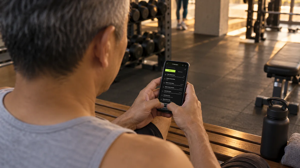 Personal trainer sentado na academia depois do expediente abre as conversas com os alunos no app da Welltrainer