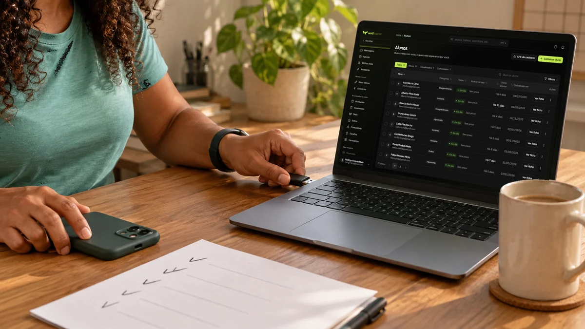 Personal trainer conecta um pendrive ao notebook aberto na lista de alunos da Welltrainer, com um checklist de migração na mesa