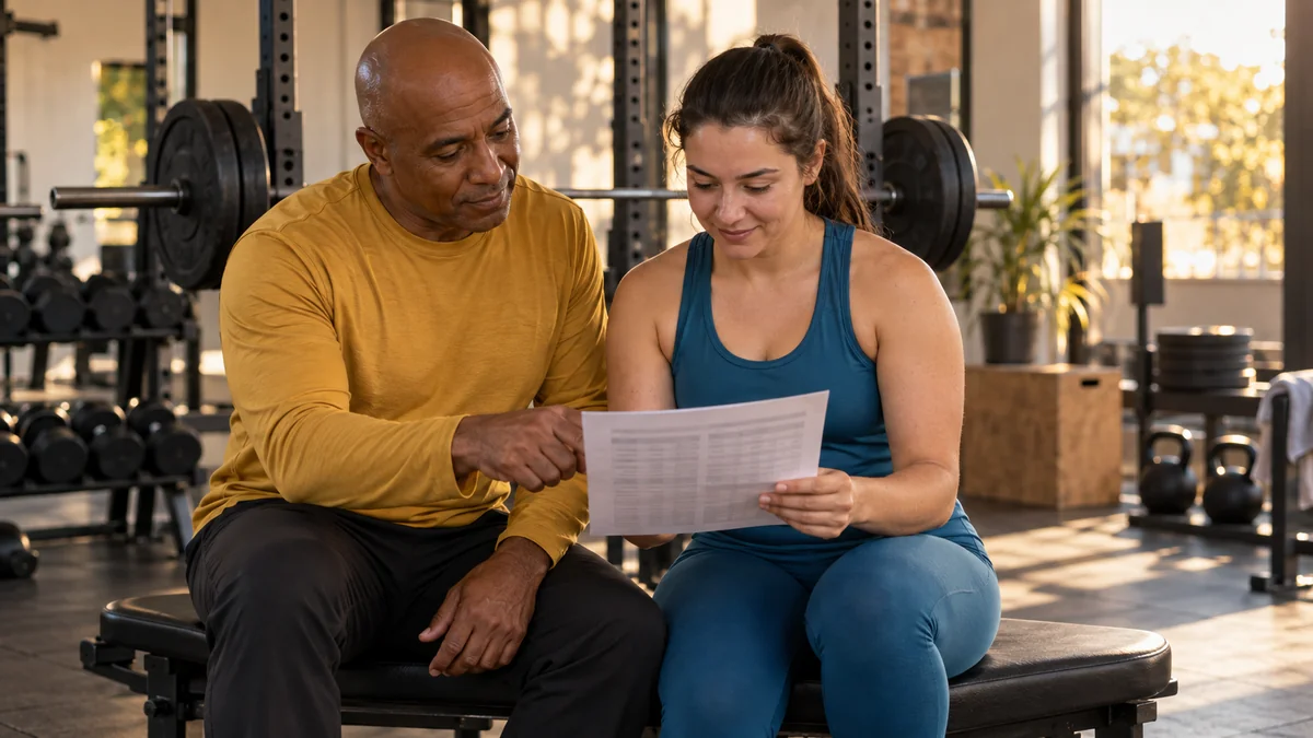 Personal trainer e aluna sentados no banco da academia olham juntos a ficha com a evolução das cargas