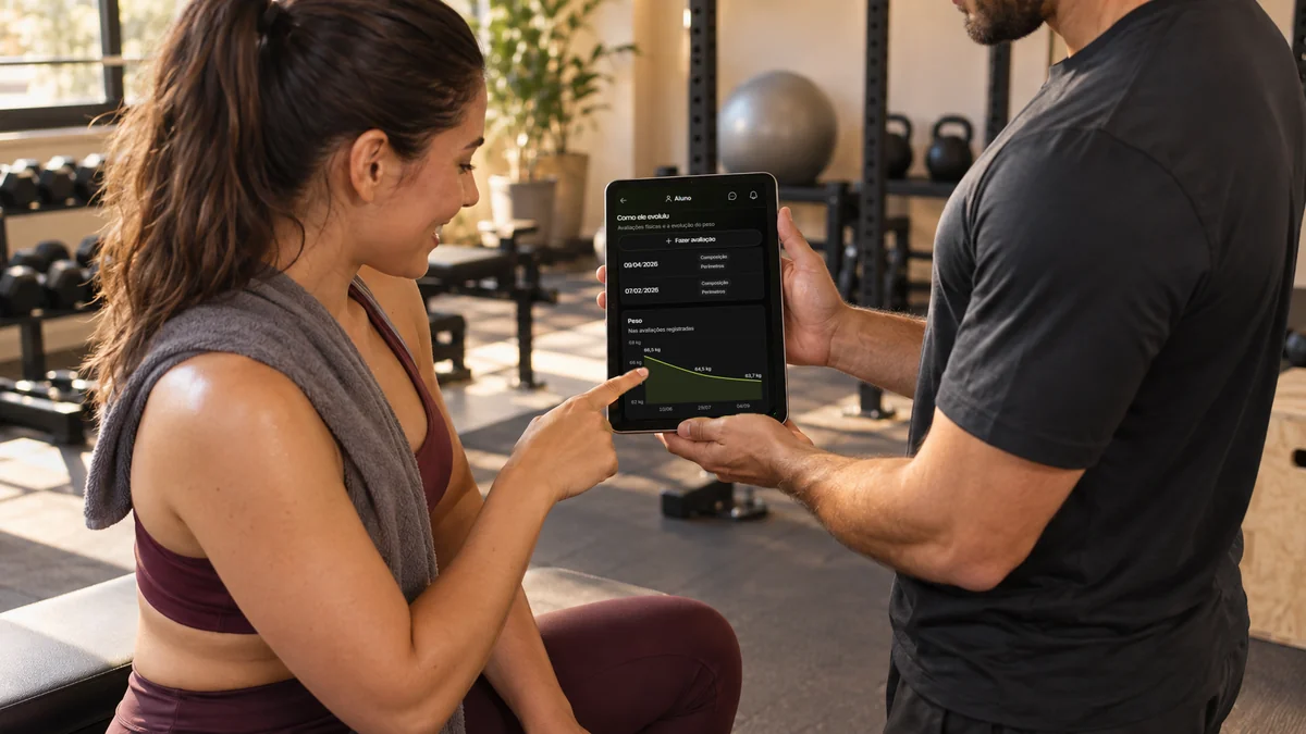 No check-in mensal, a aluna aponta o gráfico de evolução do peso no tablet que o personal trainer segura, aberto no app da Welltrainer