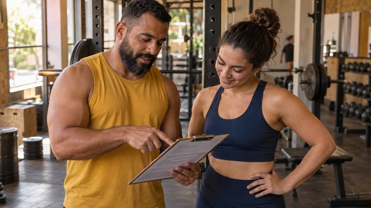 Personal trainer aponta na prancheta um marco atingido e a aluna sorri, ainda ofegante do treino