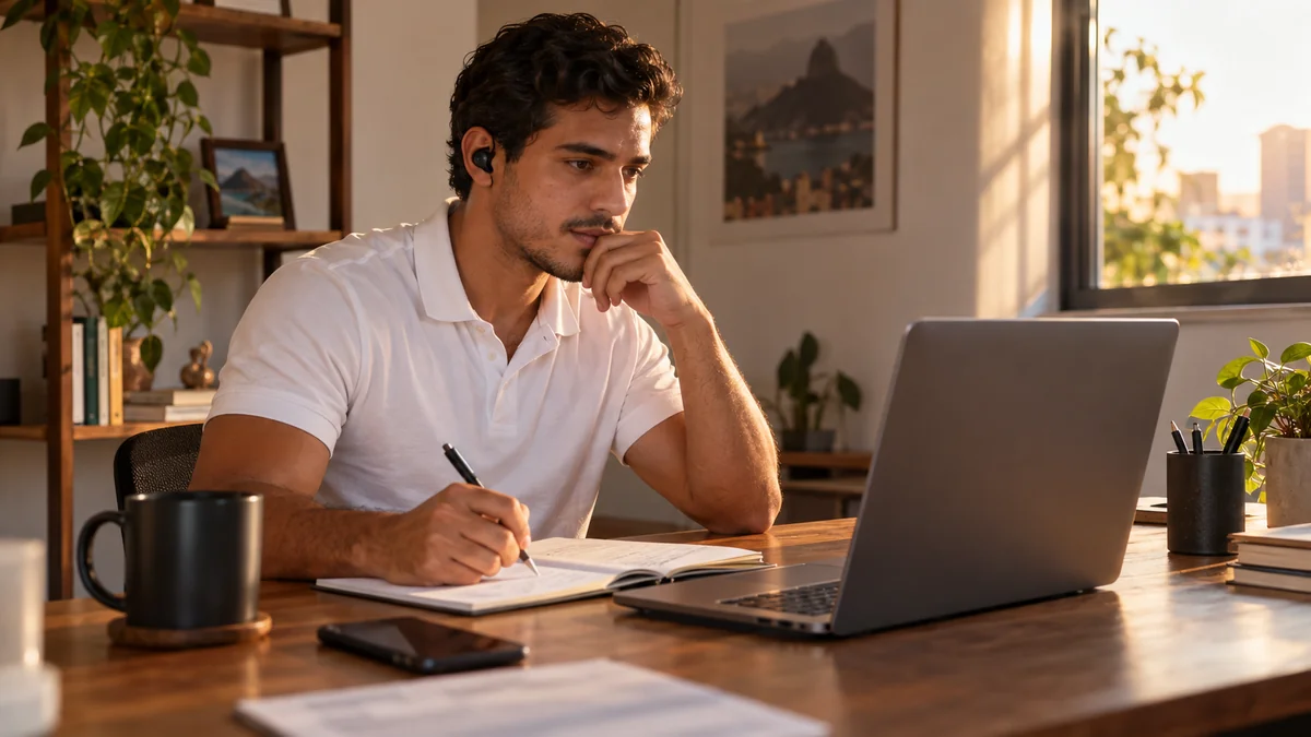 Personal trainer online em home office faz a primeira conversa por chamada de vídeo com um potencial aluno e anota no caderno