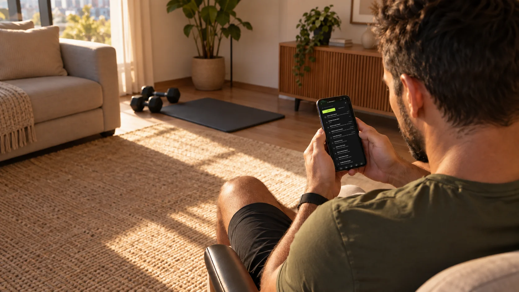 Por cima do ombro, o personal trainer online responde as conversas dos alunos no app da Welltrainer, sentado na sala de casa com halteres ao fundo