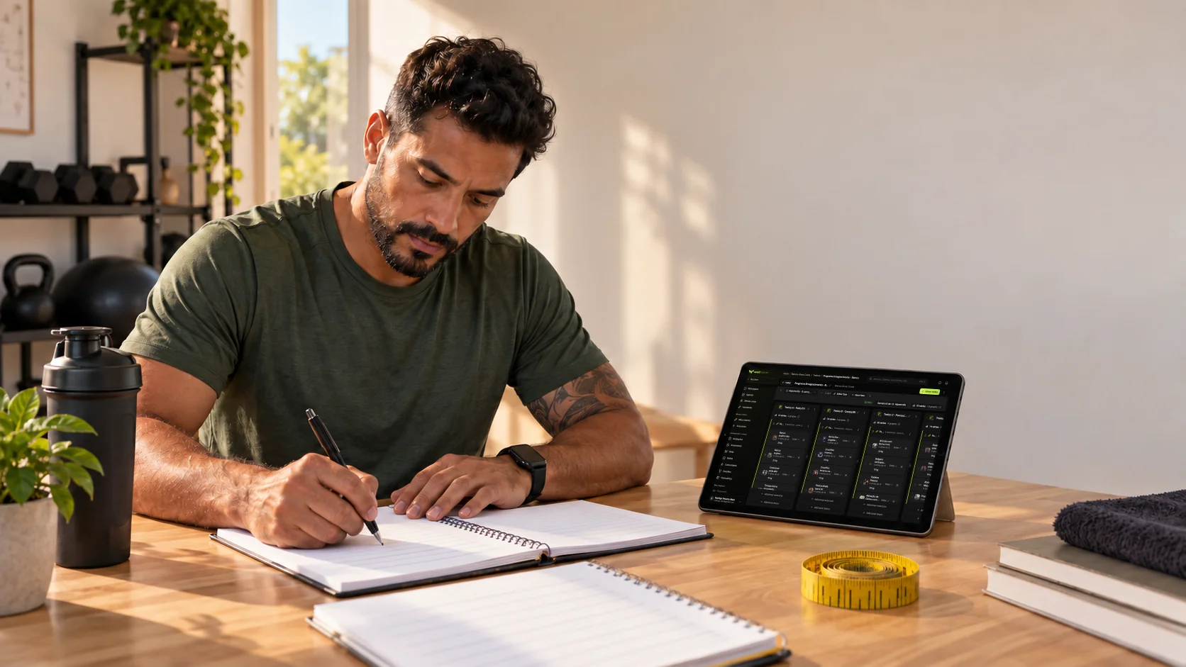 Personal trainer anota o planejamento no caderno ao lado do tablet aberto no programa de treino do aluno na Welltrainer
