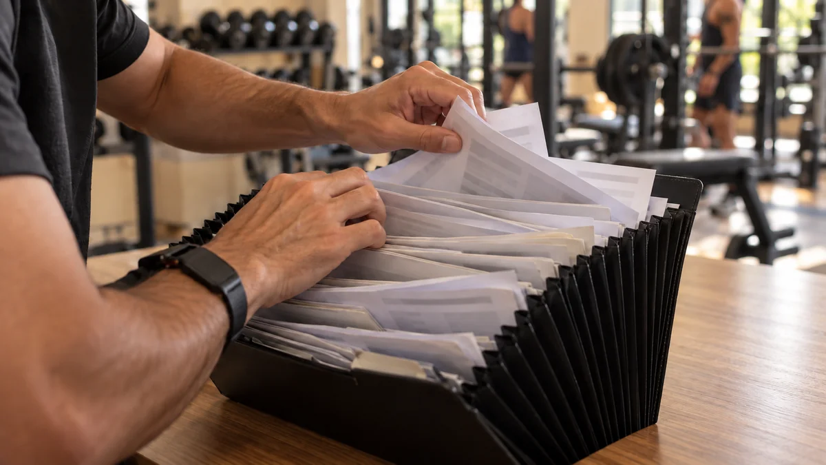 Maos de personal trainer procurando a ficha de um aluno numa pasta sanfonada lotada de fichas impressas, na academia
