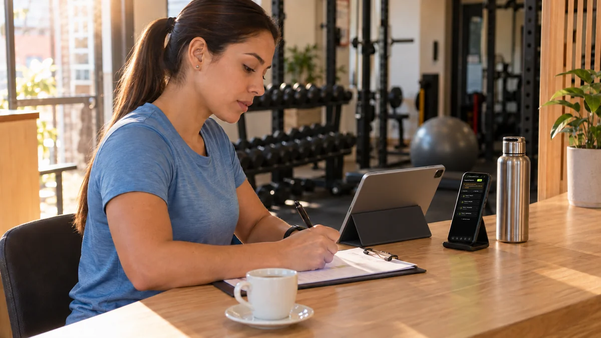 Personal trainer faz anotações na prancheta ao lado do tablet e do celular aberto no programa de treino da Welltrainer, na recepção da academia