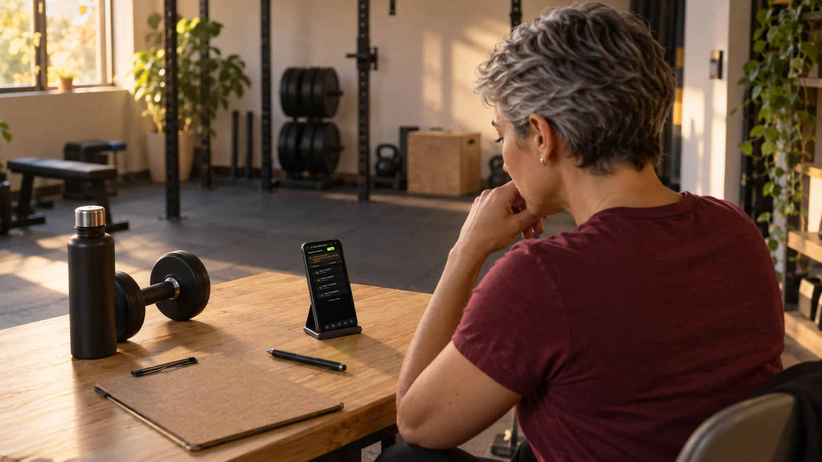 Personal trainer, pensativa, revisa no celular apoiado na mesa o treino já montado na Welltrainer antes de enviar ao aluno