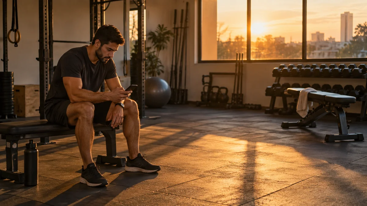 Personal trainer sentado sozinho no banco da academia vazia no fim da tarde, olhando o celular com expressão pensativa