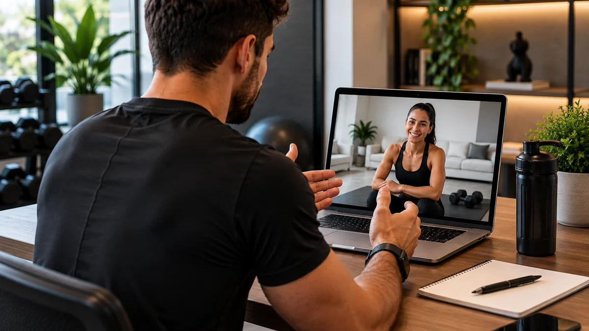 Personal trainer atende uma aluna por videochamada no notebook, em consultoria online