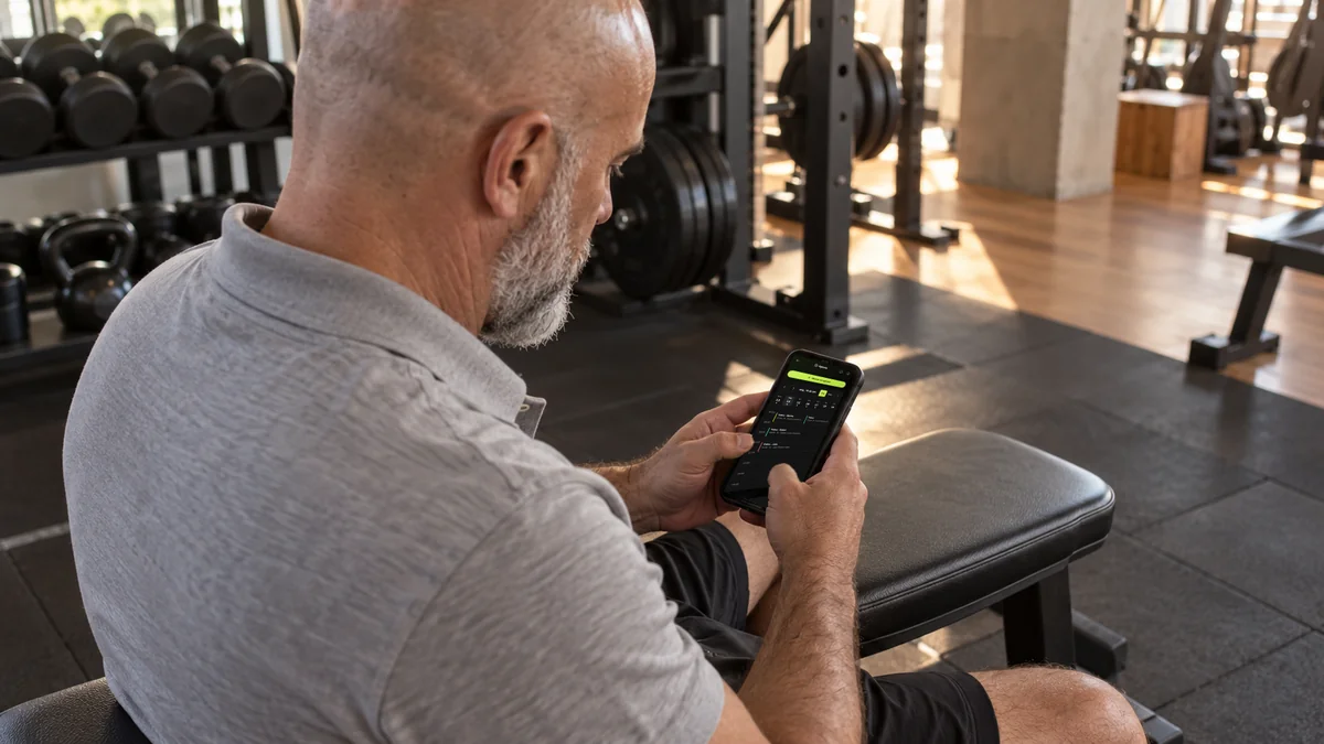 Personal trainer sentado no banco da academia vazia digita no celular, com a agenda da Welltrainer aberta, depois de mais uma falta do aluno