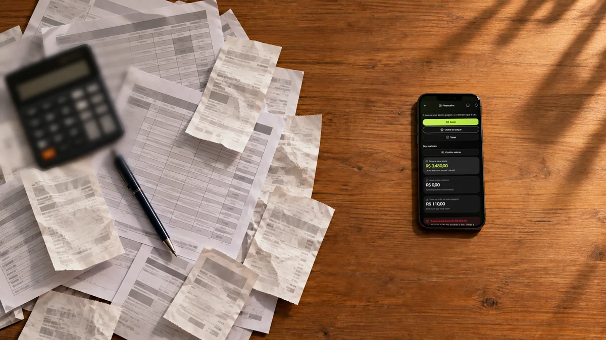 Mesa dividida entre a bagunça de planilhas impressas, comprovantes e calculadora e o celular aberto no financeiro da Welltrainer