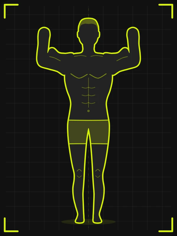 Pose de frente, contraído, para foto de avaliação física, versão masculina: duplo bíceps, braços na altura dos ombros
