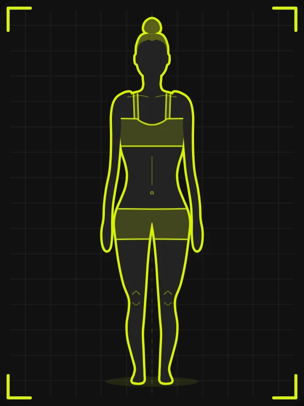 Pose de frente, relaxado, para foto de avaliação física, versão feminina: em pé, braços soltos ao lado do corpo