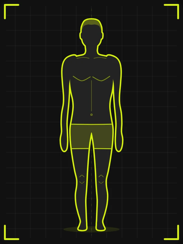 Pose de frente, relaxado, para foto de avaliação física, versão masculina: em pé, braços soltos ao lado do corpo