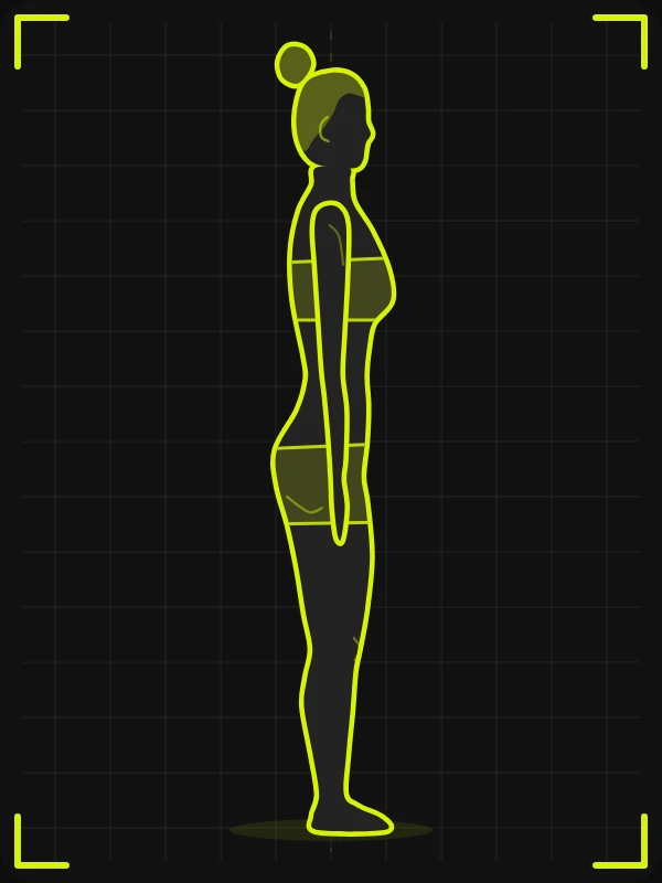 Pose lateral direita para foto de avaliação física, versão feminina: lado direito do corpo virado para a câmera, braços soltos