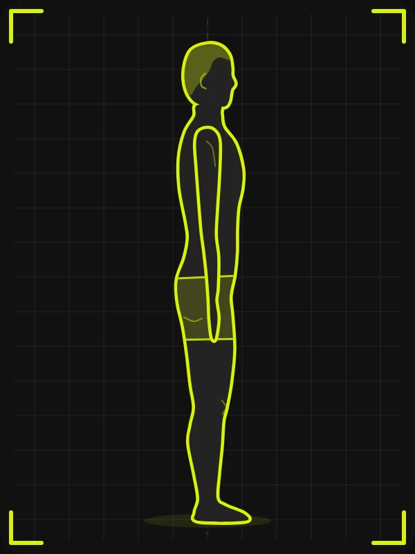 Pose lateral direita para foto de avaliação física, versão masculina: lado direito do corpo virado para a câmera, braços soltos