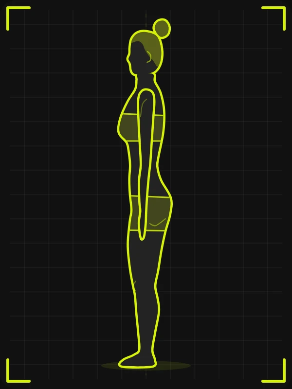 Pose lateral esquerda para foto de avaliação física, versão feminina: lado esquerdo do corpo virado para a câmera, braços soltos