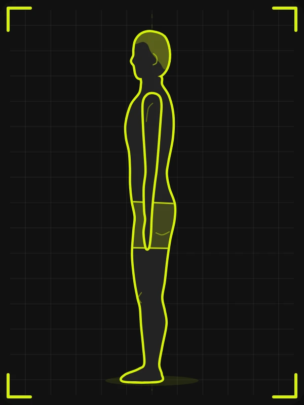 Pose lateral esquerda para foto de avaliação física, versão masculina: lado esquerdo do corpo virado para a câmera, braços soltos