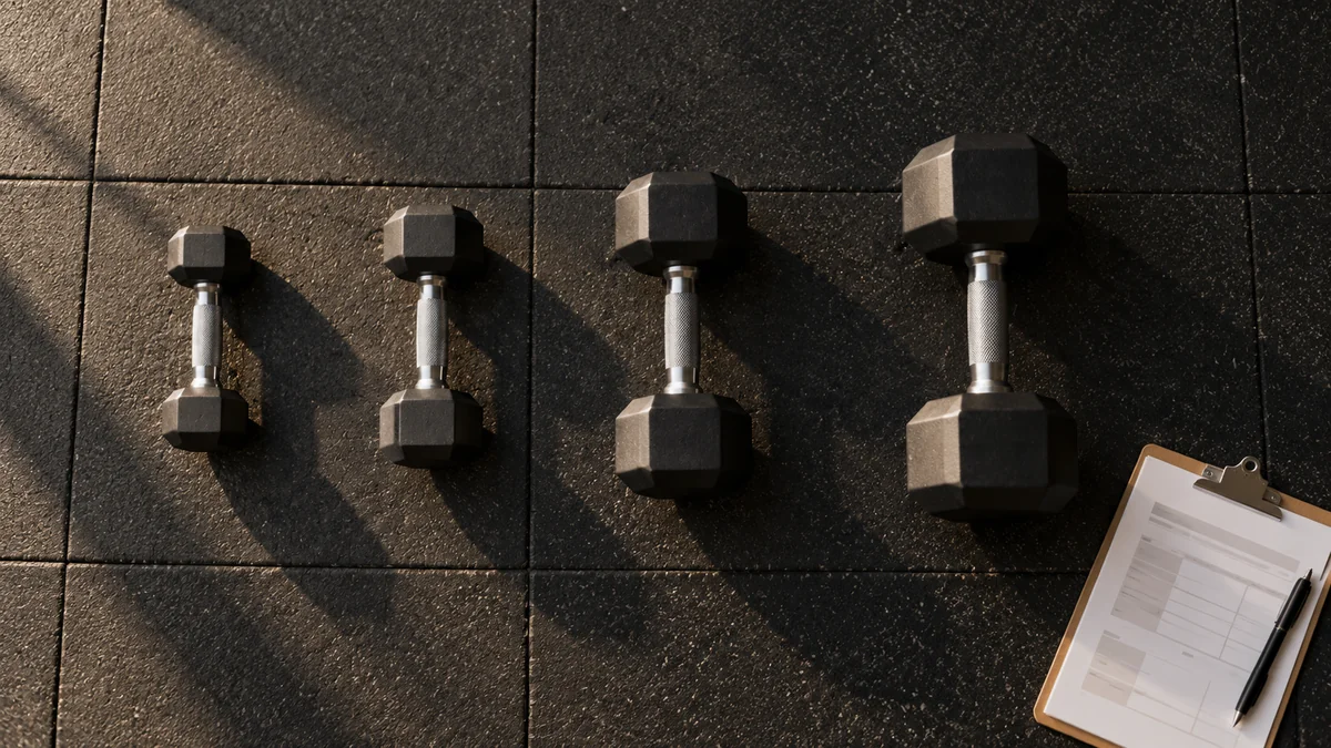 Quatro halteres alinhados em peso crescente no piso da academia, ao lado de uma prancheta com ficha de treino