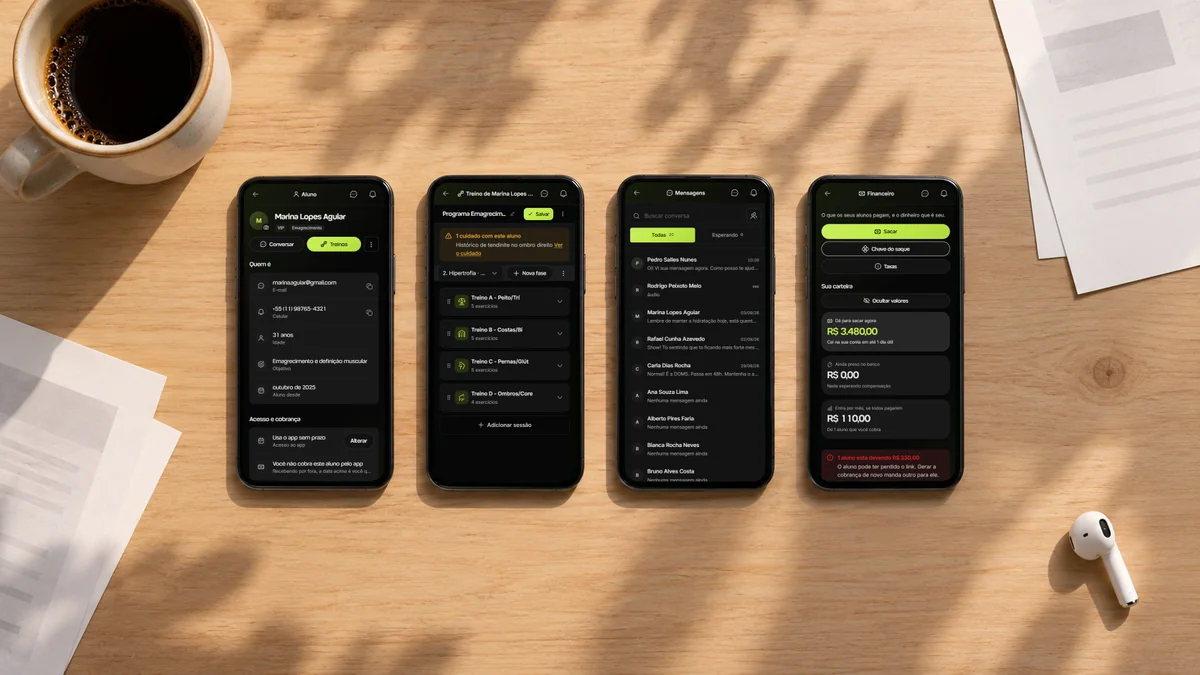 Quatro celulares lado a lado na mesa mostrando a ficha do aluno, o treino, as conversas e o financeiro no app da Welltrainer