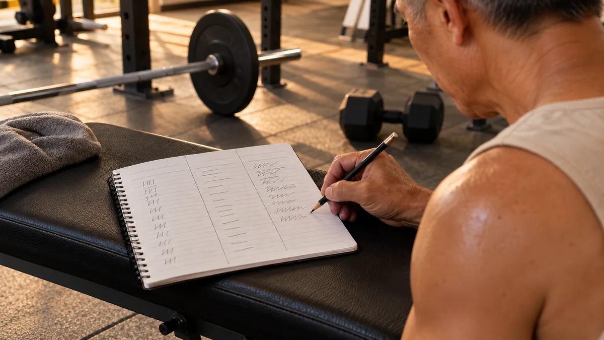 Mão anota carga, repetições e esforço em três colunas de um caderno de treino apoiado no banco da academia