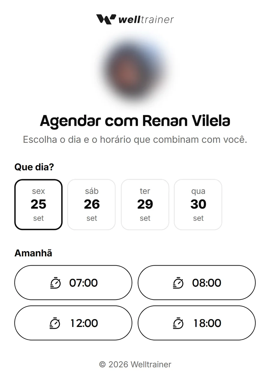 Página do link de agendamento aberta no celular, com o nome do personal, os dias que têm vaga e os horários livres do dia escolhido para o aluno marcar