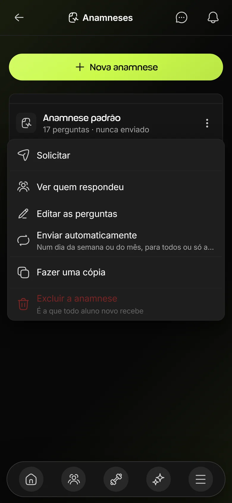 Menu da anamnese no celular com Solicitar, Ver quem respondeu, Editar as perguntas, Enviar automaticamente e Fazer uma cópia