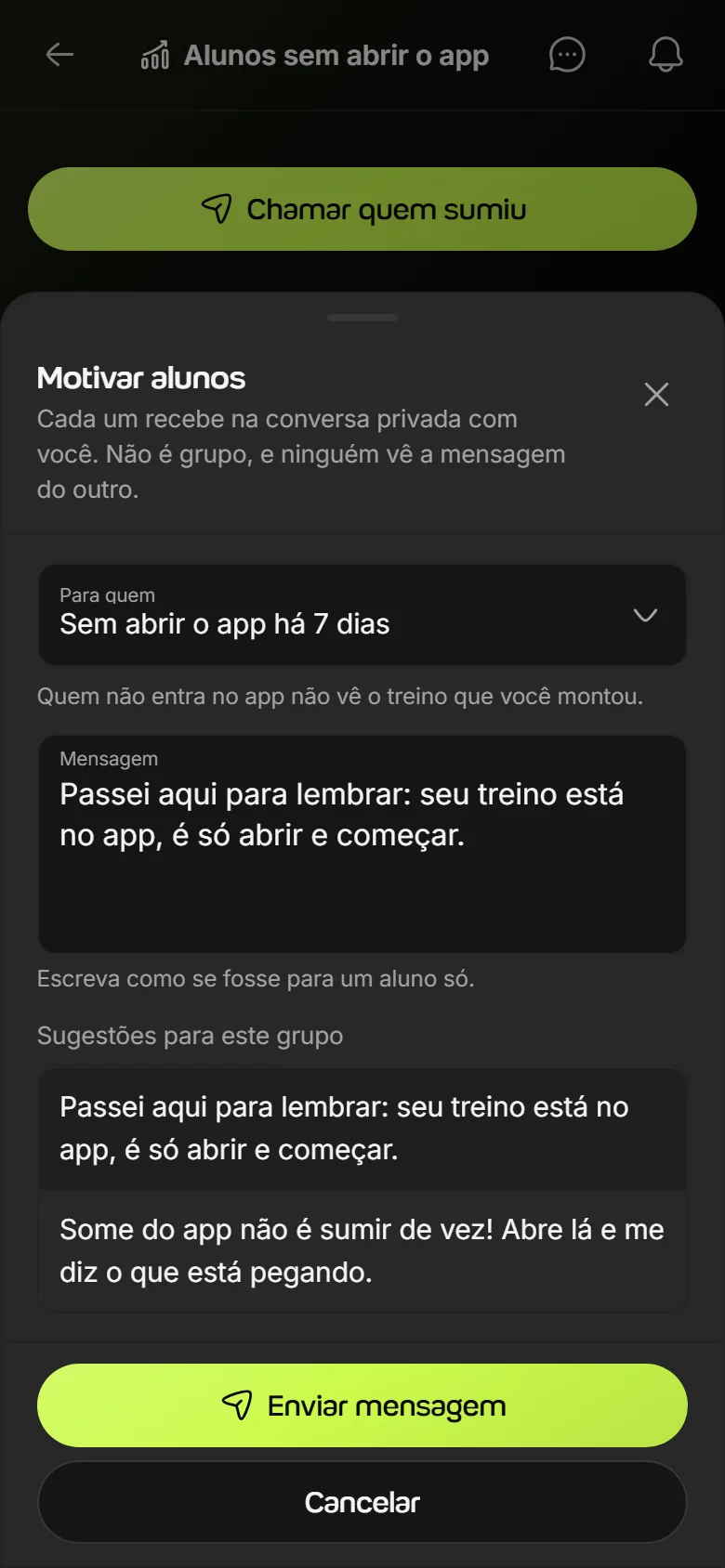 Janela Motivar alunos no celular, com o grupo Sem abrir o app há 7 dias e uma mensagem pronta para enviar
