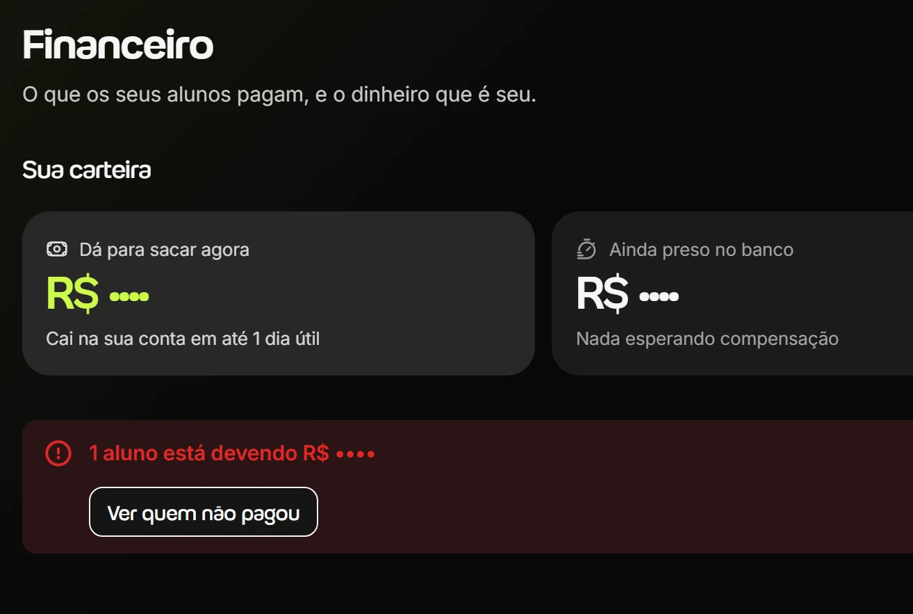 Tela Financeiro do app Welltrainer com a carteira e o aviso de aluno devendo