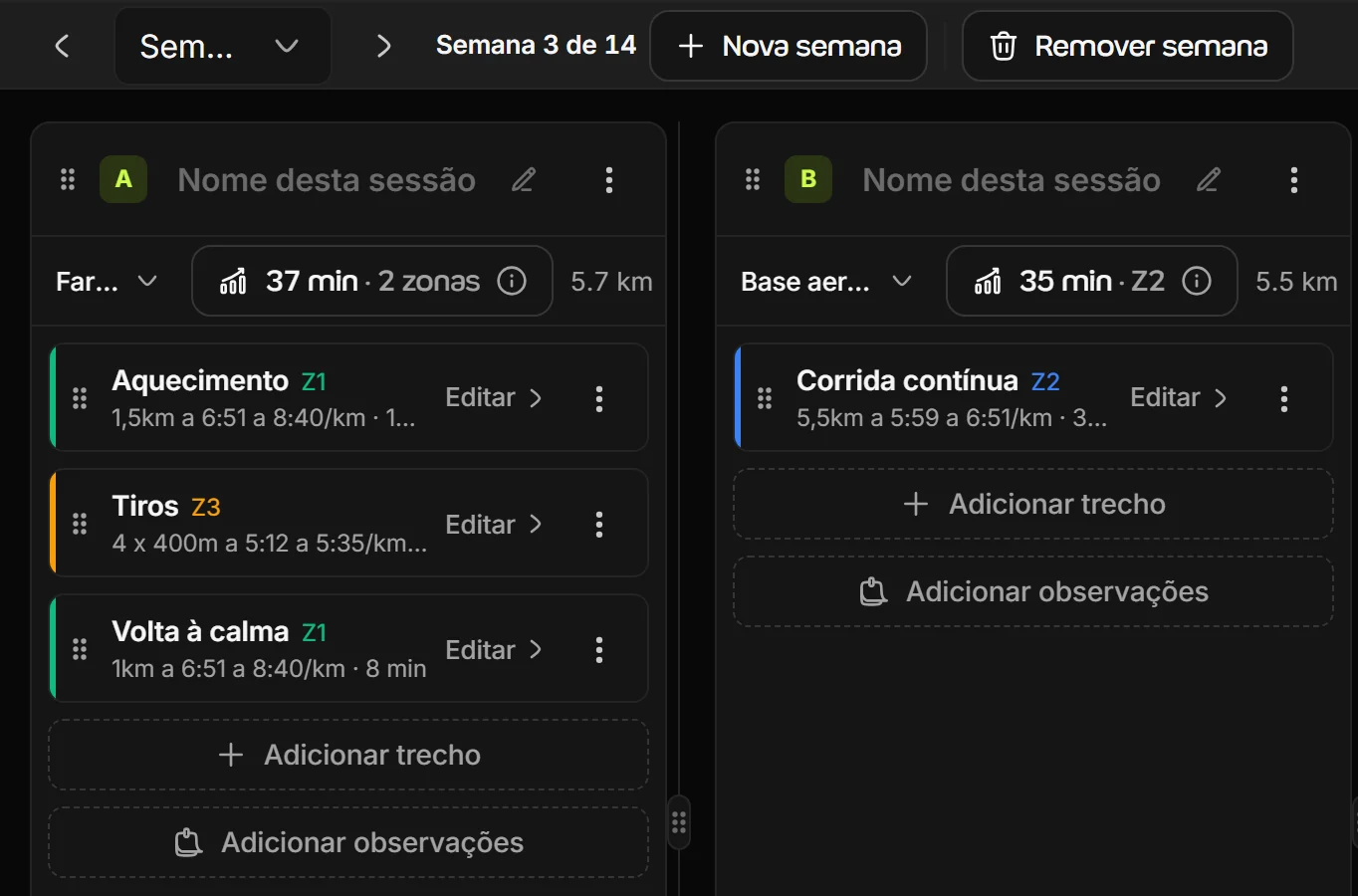 Construtor de corrida do Welltrainer na semana 3 de 14, com as sessões em colunas e os trechos de cada uma, como aquecimento, tiros e volta à calma, com a zona e o pace