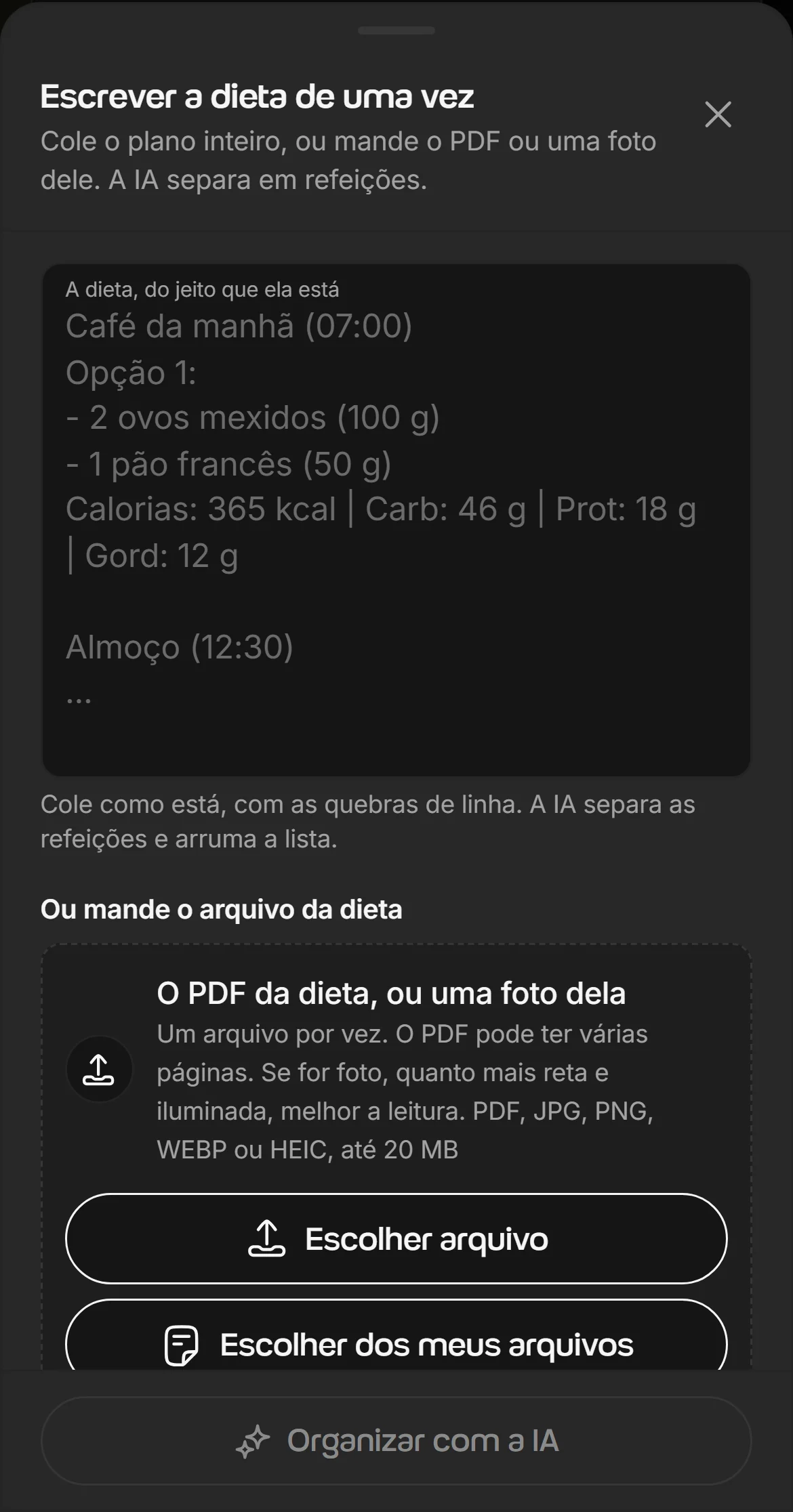 Janela Escrever a dieta de uma vez no Welltrainer, para colar o plano, mandar o PDF ou uma foto e organizar em refeições com a IA