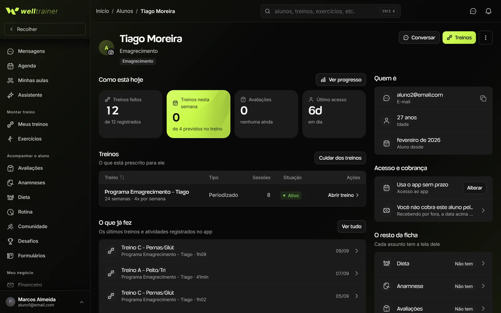 App Welltrainer: relatório de evolução do aluno, comparado ao PersonalGO